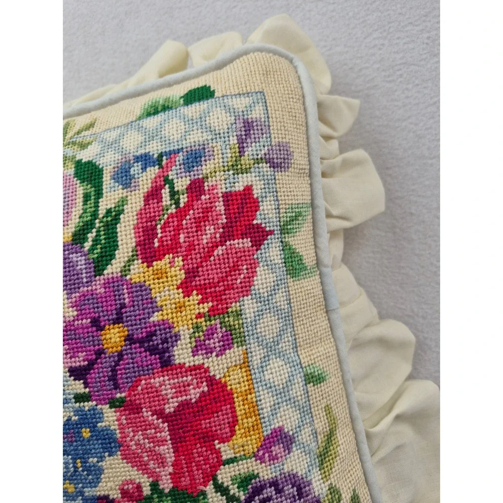 Vintage Floral Needlepoint Throw Pillow Cream Ruffled Edge Cottagecore 11x11